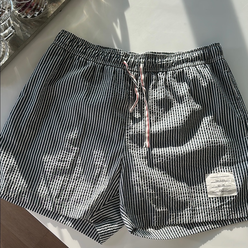 Thom Browne Black and White Striped Swim Trunks